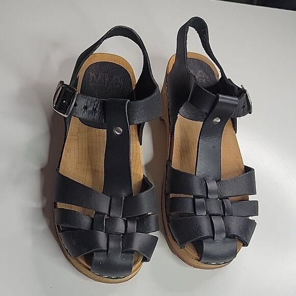 MIA ORIGINAL AUTHENTIC SWEDISH CLOG BLACK LEATHER TAN SANDALS 37 6 1/2 6.5 - Picture 3 of 11